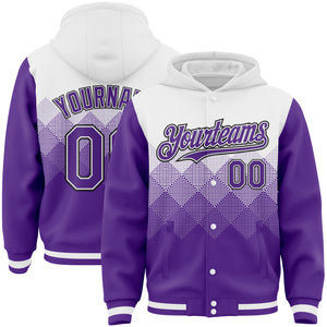 Custom White Purple-Black Gradient Square Shape 3D Pattern Design Bomber Full-Snap Varsity Letterman Hoodie Jacket