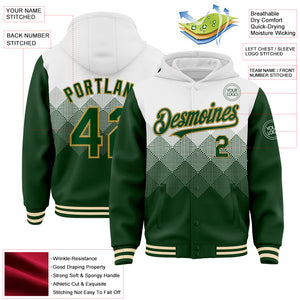 Custom White Green-Old Gold Gradient Square Shape 3D Pattern Design Bomber Full-Snap Varsity Letterman Hoodie Jacket