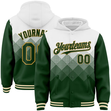 Custom White Green-Old Gold Gradient Square Shape 3D Pattern Design Bomber Full-Snap Varsity Letterman Hoodie Jacket