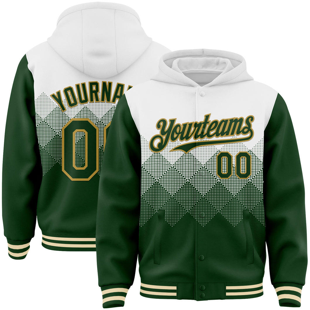 Custom White Green-Old Gold Gradient Square Shape 3D Pattern Design Bomber Full-Snap Varsity Letterman Hoodie Jacket