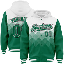 Загрузить изображение в средство просмотра галереи, Custom White Kelly Green-Black Gradient Square Shape 3D Pattern Design Bomber Full-Snap Varsity Letterman Hoodie Jacket
