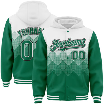 Custom White Kelly Green-Black Gradient Square Shape 3D Pattern Design Bomber Full-Snap Varsity Letterman Hoodie Jacket