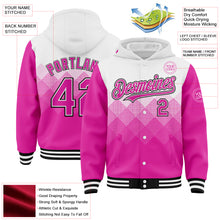 Загрузить изображение в средство просмотра галереи, Custom White Deep Pink-Black Gradient Square Shape 3D Pattern Design Bomber Full-Snap Varsity Letterman Hoodie Jacket
