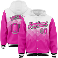 Загрузить изображение в средство просмотра галереи, Custom White Deep Pink-Black Gradient Square Shape 3D Pattern Design Bomber Full-Snap Varsity Letterman Hoodie Jacket
