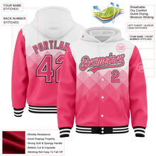 Charger l&#39;image dans la galerie, Custom White Neon Pink-Black Gradient Square Shape 3D Pattern Design Bomber Full-Snap Varsity Letterman Hoodie Jacket
