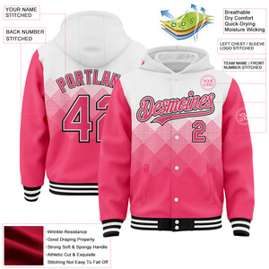 Custom White Neon Pink-Black Gradient Square Shape 3D Pattern Design Bomber Full-Snap Varsity Letterman Hoodie Jacket