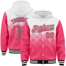 Charger l&#39;image dans la galerie, Custom White Neon Pink-Black Gradient Square Shape 3D Pattern Design Bomber Full-Snap Varsity Letterman Hoodie Jacket
