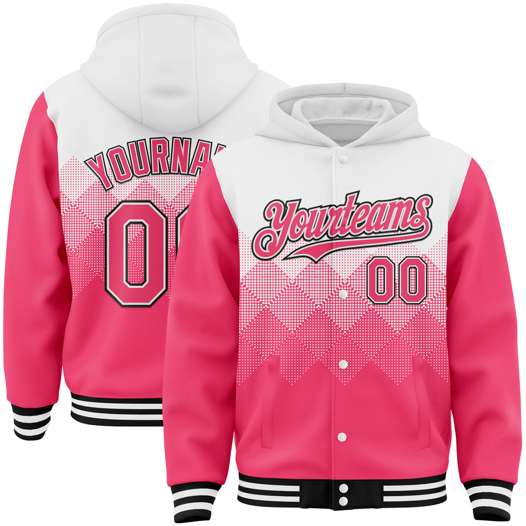 Custom White Neon Pink-Black Gradient Square Shape 3D Pattern Design Bomber Full-Snap Varsity Letterman Hoodie Jacket