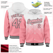 Загрузить изображение в средство просмотра галереи, Custom White Medium Pink-Black Gradient Square Shape 3D Pattern Design Bomber Full-Snap Varsity Letterman Hoodie Jacket
