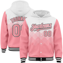 Загрузить изображение в средство просмотра галереи, Custom White Medium Pink-Black Gradient Square Shape 3D Pattern Design Bomber Full-Snap Varsity Letterman Hoodie Jacket
