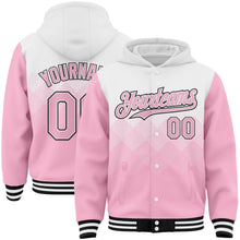 Загрузить изображение в средство просмотра галереи, Custom White Light Pink-Black Gradient Square Shape 3D Pattern Design Bomber Full-Snap Varsity Letterman Hoodie Jacket
