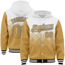 Загрузить изображение в средство просмотра галереи, Custom White Old Gold-Black Gradient Square Shape 3D Pattern Design Bomber Full-Snap Varsity Letterman Hoodie Jacket
