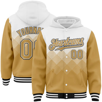 Custom White Old Gold-Black Gradient Square Shape 3D Pattern Design Bomber Full-Snap Varsity Letterman Hoodie Jacket