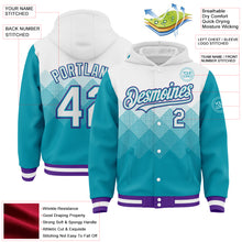 Загрузить изображение в средство просмотра галереи, Custom White Teal-Purple Gradient Square Shape 3D Pattern Design Bomber Full-Snap Varsity Letterman Hoodie Jacket
