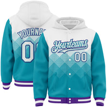 Загрузить изображение в средство просмотра галереи, Custom White Teal-Purple Gradient Square Shape 3D Pattern Design Bomber Full-Snap Varsity Letterman Hoodie Jacket
