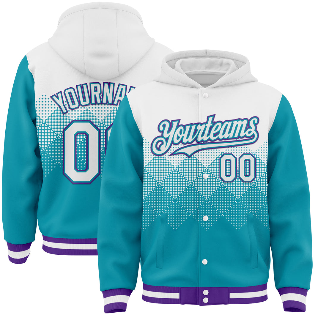 Custom White Teal-Purple Gradient Square Shape 3D Pattern Design Bomber Full-Snap Varsity Letterman Hoodie Jacket