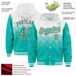 Custom White Aqua-Orange Gradient Square Shape 3D Pattern Design Bomber Full-Snap Varsity Letterman Hoodie Jacket