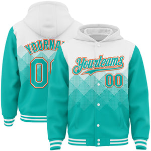 Custom White Aqua-Orange Gradient Square Shape 3D Pattern Design Bomber Full-Snap Varsity Letterman Hoodie Jacket