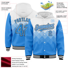 Charger l&#39;image dans la galerie, Custom White Powder Blue-Black Gradient Square Shape 3D Pattern Design Bomber Full-Snap Varsity Letterman Hoodie Jacket
