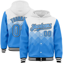 Charger l&#39;image dans la galerie, Custom White Powder Blue-Black Gradient Square Shape 3D Pattern Design Bomber Full-Snap Varsity Letterman Hoodie Jacket
