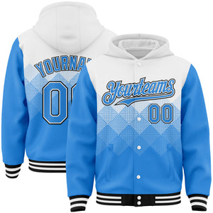 Custom White Powder Blue-Black Gradient Square Shape 3D Pattern Design Bomber Full-Snap Varsity Letterman Hoodie Jacket