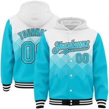 Загрузить изображение в средство просмотра галереи, Custom White Lakes Blue-Black Gradient Square Shape 3D Pattern Design Bomber Full-Snap Varsity Letterman Hoodie Jacket
