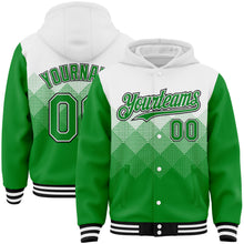 Загрузить изображение в средство просмотра галереи, Custom White Grass Green-Black Gradient Square Shape 3D Pattern Design Bomber Full-Snap Varsity Letterman Hoodie Jacket
