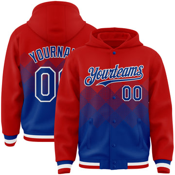 Custom Red Royal-White Gradient Square Shape 3D Pattern Design Bomber Full-Snap Varsity Letterman Hoodie Jacket