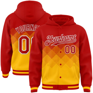 Custom Red Gold-White Gradient Square Shape 3D Pattern Design Bomber Full-Snap Varsity Letterman Hoodie Jacket