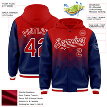 Charger l&#39;image dans la galerie, Custom Red Navy-White Gradient Square Shape 3D Pattern Design Bomber Full-Snap Varsity Letterman Hoodie Jacket
