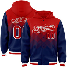 Charger l&#39;image dans la galerie, Custom Red Navy-White Gradient Square Shape 3D Pattern Design Bomber Full-Snap Varsity Letterman Hoodie Jacket
