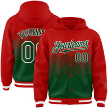 Загрузить изображение в средство просмотра галереи, Custom Red Green-White Gradient Square Shape 3D Pattern Design Bomber Full-Snap Varsity Letterman Hoodie Jacket
