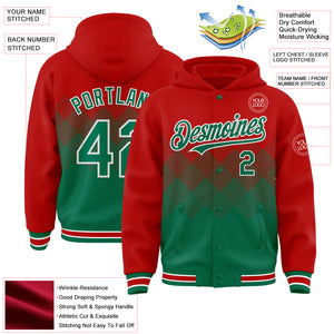 Custom Red Kelly Green-White Gradient Square Shape 3D Pattern Design Bomber Full-Snap Varsity Letterman Hoodie Jacket