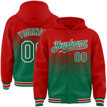 Charger l&#39;image dans la galerie, Custom Red Kelly Green-White Gradient Square Shape 3D Pattern Design Bomber Full-Snap Varsity Letterman Hoodie Jacket
