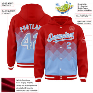 Custom Red Light Blue-White Gradient Square Shape 3D Pattern Design Bomber Full-Snap Varsity Letterman Hoodie Jacket