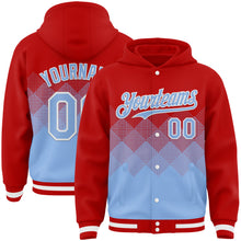 Charger l&#39;image dans la galerie, Custom Red Light Blue-White Gradient Square Shape 3D Pattern Design Bomber Full-Snap Varsity Letterman Hoodie Jacket
