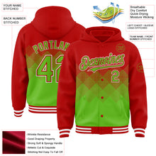 Загрузить изображение в средство просмотра галереи, Custom Red Aurora Green-White Gradient Square Shape 3D Pattern Design Bomber Full-Snap Varsity Letterman Hoodie Jacket
