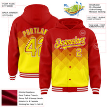 Загрузить изображение в средство просмотра галереи, Custom Red Light Yellow-White Gradient Square Shape 3D Pattern Design Bomber Full-Snap Varsity Letterman Hoodie Jacket
