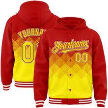 Загрузить изображение в средство просмотра галереи, Custom Red Light Yellow-White Gradient Square Shape 3D Pattern Design Bomber Full-Snap Varsity Letterman Hoodie Jacket
