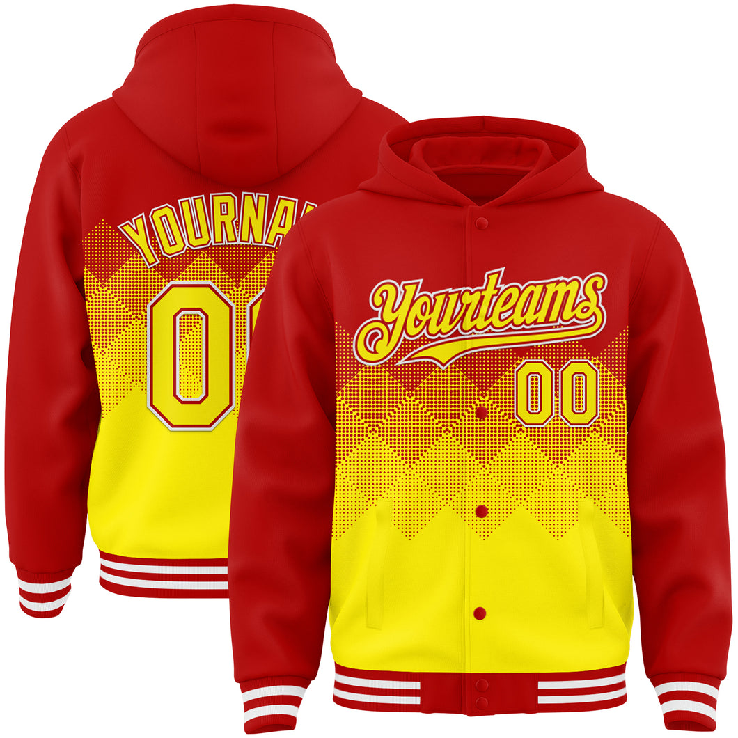 Custom Red Light Yellow-White Gradient Square Shape 3D Pattern Design Bomber Full-Snap Varsity Letterman Hoodie Jacket