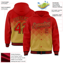 Загрузить изображение в средство просмотра галереи, Custom Red Old Gold-Black Gradient Square Shape 3D Pattern Design Bomber Full-Snap Varsity Letterman Hoodie Jacket
