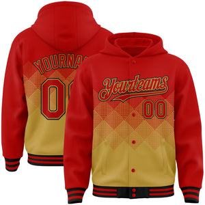 Custom Red Old Gold-Black Gradient Square Shape 3D Pattern Design Bomber Full-Snap Varsity Letterman Hoodie Jacket