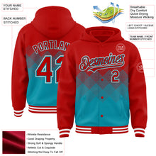 Загрузить изображение в средство просмотра галереи, Custom Red Teal-White Gradient Square Shape 3D Pattern Design Bomber Full-Snap Varsity Letterman Hoodie Jacket
