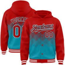 Загрузить изображение в средство просмотра галереи, Custom Red Teal-White Gradient Square Shape 3D Pattern Design Bomber Full-Snap Varsity Letterman Hoodie Jacket
