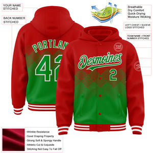 Custom Red Grass Green-White Gradient Square Shape 3D Pattern Design Bomber Full-Snap Varsity Letterman Hoodie Jacket