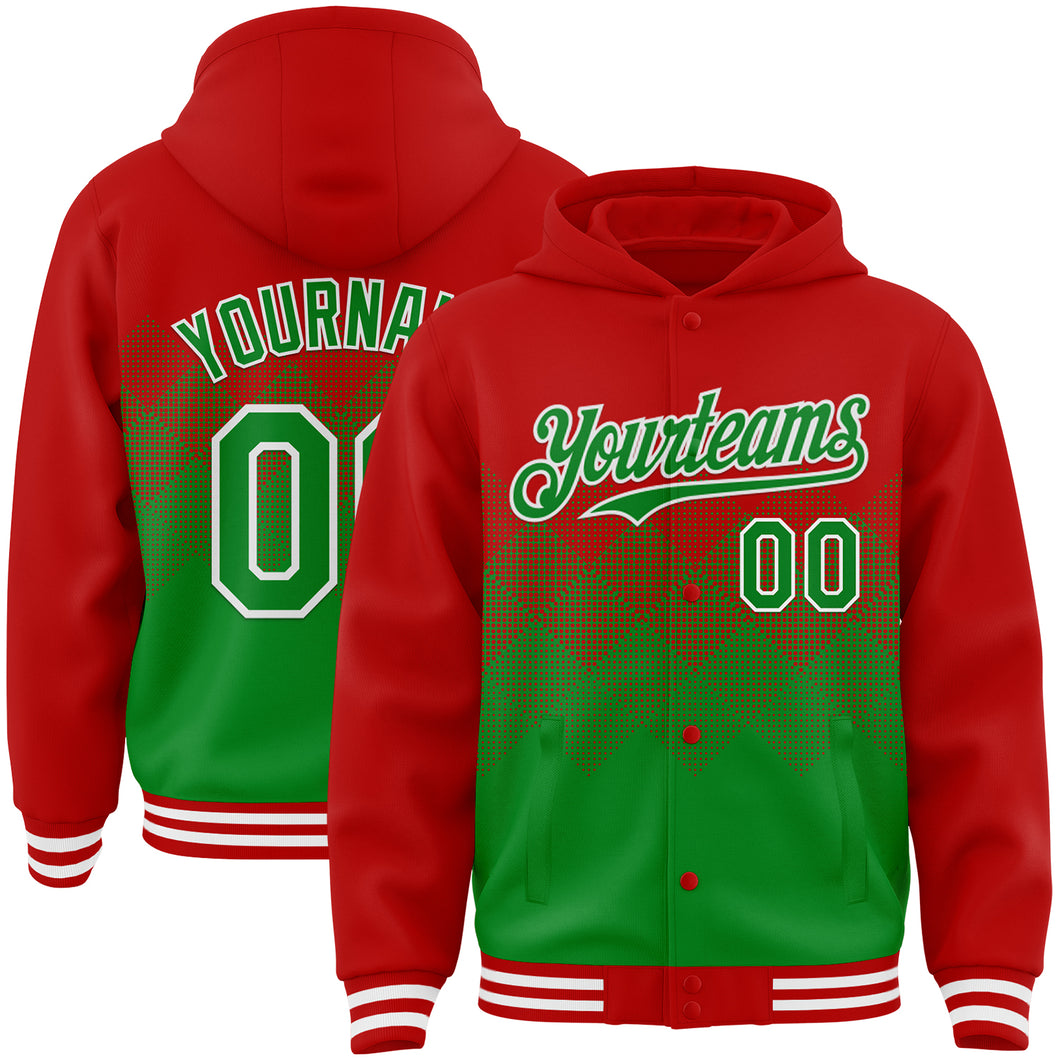 Custom Red Grass Green-White Gradient Square Shape 3D Pattern Design Bomber Full-Snap Varsity Letterman Hoodie Jacket