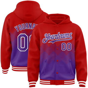 Custom Red Purple-White Gradient Square Shape 3D Pattern Design Bomber Full-Snap Varsity Letterman Hoodie Jacket