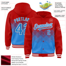 Charger l&#39;image dans la galerie, Custom Red Powder Blue-White Gradient Square Shape 3D Pattern Design Bomber Full-Snap Varsity Letterman Hoodie Jacket
