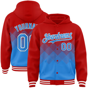 Custom Red Powder Blue-White Gradient Square Shape 3D Pattern Design Bomber Full-Snap Varsity Letterman Hoodie Jacket