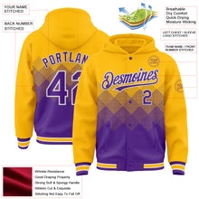 Загрузить изображение в средство просмотра галереи, Custom Gold Purple-White Gradient Square Shape 3D Pattern Design Bomber Full-Snap Varsity Letterman Hoodie Jacket
